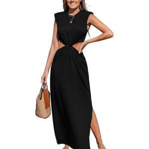CUPSHE Women’s Summer Maxi Dresses Sleeveless Cutout Side Slit Long Casual Dress with Padded Shoulders(Black)