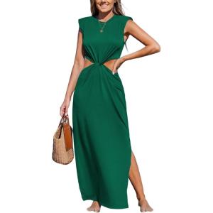 CUPSHE Women’s Summer Maxi Dresses Sleeveless Cutout Side Slit Long Casual Dress with Padded Shoulders(Green)
