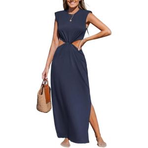 CUPSHE Women’s Summer Maxi Dresses Sleeveless Cutout Side Slit Long Casual Dress with Padded Shoulders(Navy Blue)