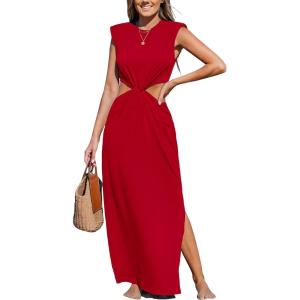 CUPSHE Women’s Summer Maxi Dresses Sleeveless Cutout Side Slit Long Casual Dress with Padded Shoulders(Red)