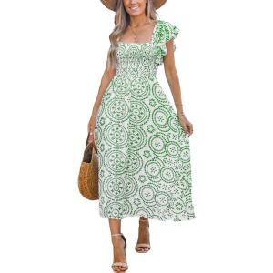 CUPSHE Women’s Summer Midi Dress Paisley Square Neck Flutter Sleeve Smocked Dresses Boho Vacation Flowy Sundress(Green)