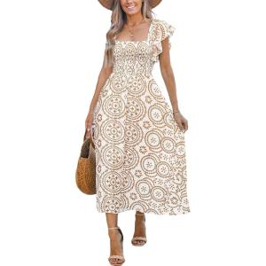 CUPSHE Women’s Summer Midi Dress Paisley Square Neck Flutter Sleeve Smocked Dresses Boho Vacation Flowy Sundress(Neutral)