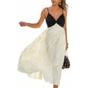 CUPSHE Women’s Summer Satin Midi Dress Spaghetti Strap Twist Knot V Neck Cocktail Dress Elegant Flowy Wedding Guest Dress(Black White)