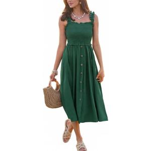 CUPSHE Women’s Summer Smocked Midi Dress Sleeveless Square Neck Cami Dress Vacation Button Flowy Long Sundress(Green)