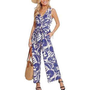 CUPSHE Women’s Surplice Neckline Sleeveless Jumpsuit Waist Wie Wide Leg Dressy Vacation Beach 2025 Outfits(Blue)