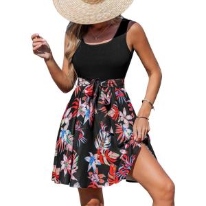 CUPSHE Women’s Tropical Summer Dresses Flowy Beach Mini Dress Square Neck Sleeveless Vacation Sundress(Black Flora)