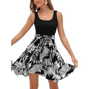 CUPSHE Women’s Tropical Summer Dresses Flowy Beach Mini Dress Square Neck Sleeveless Vacation Sundress(Tropical Black)