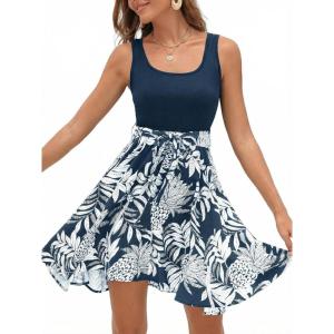 CUPSHE Women’s Tropical Summer Dresses Flowy Beach Mini Dress Square Neck Sleeveless Vacation Sundress(Tropical Blue)