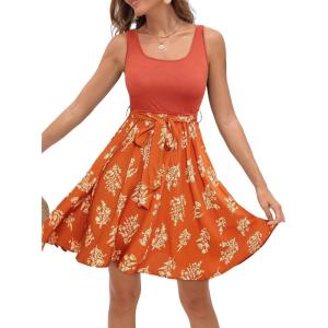 CUPSHE Women’s Tropical Summer Dresses Flowy Beach Mini Dress Square Neck Sleeveless Vacation Sundress(Tropical Orange)