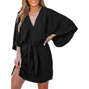CUPSHE Women’s V Neck Summer Dress 3/4 Kimono Sleeve Self Tie Pleated Loose Slit Mini Casual Dress(Black)