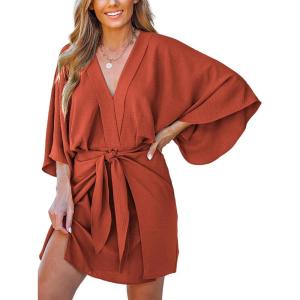 CUPSHE Women’s V Neck Summer Dress 3/4 Kimono Sleeve Self Tie Pleated Loose Slit Mini Casual Dress(Burnt Orange)