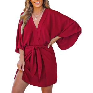 CUPSHE Women’s V Neck Summer Dress 3/4 Kimono Sleeve Self Tie Pleated Loose Slit Mini Casual Dress(Red)