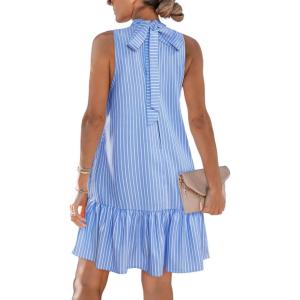 Cushe Women’s Summer Halter Bow Tie Back Striped Cutout Sleeveless Ruffle Hem Beach Vacation Flowy Mini Dress(Blue)
