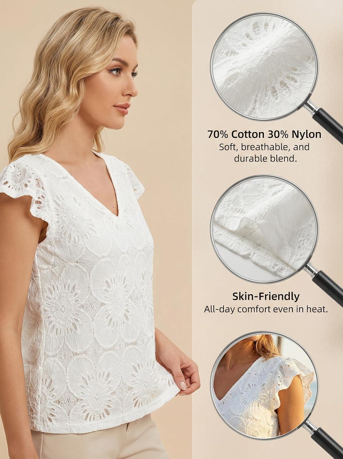 imageCUPSHE Blouses for Women 2026 Dressy Casual Ruffle Short Sleeve V Neck Shirts Flower Lace Tops Trendy Spring Summer OutfitsWhite