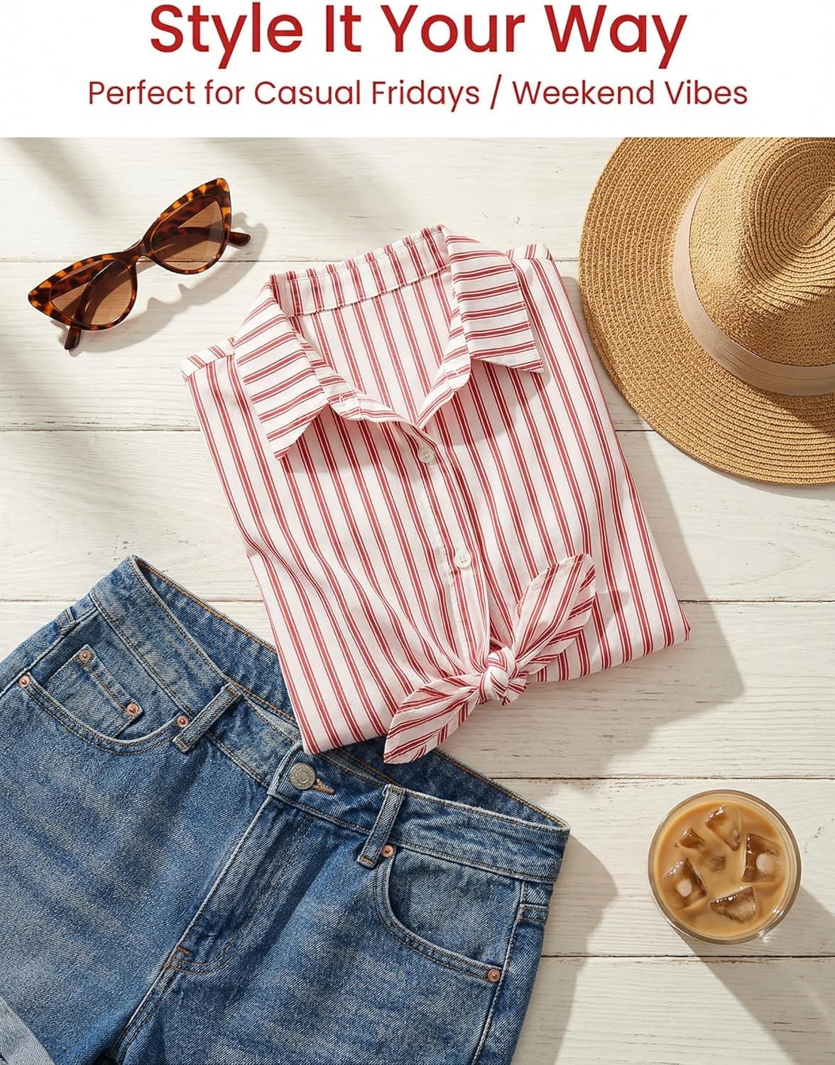 imageCUPSHE Cap Sleeve Summer Tops for Women Casual Button Down Shirts Striped Business Work BlousesRed