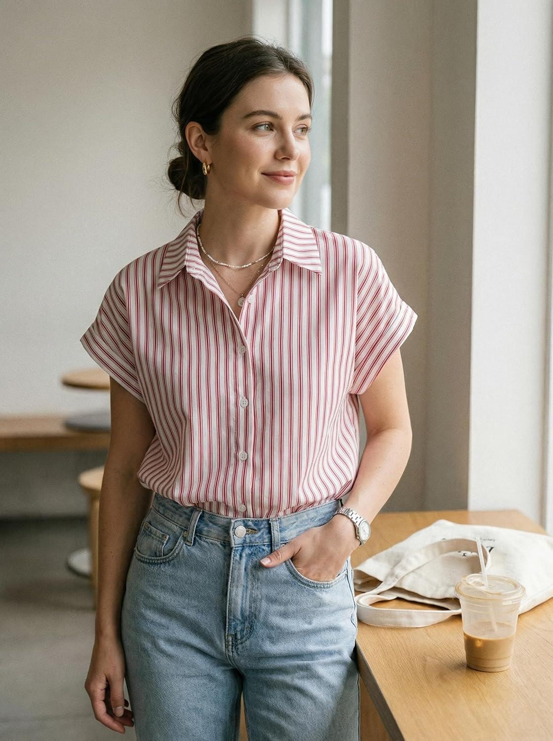 imageCUPSHE Cap Sleeve Summer Tops for Women Casual Button Down Shirts Striped Business Work BlousesRed