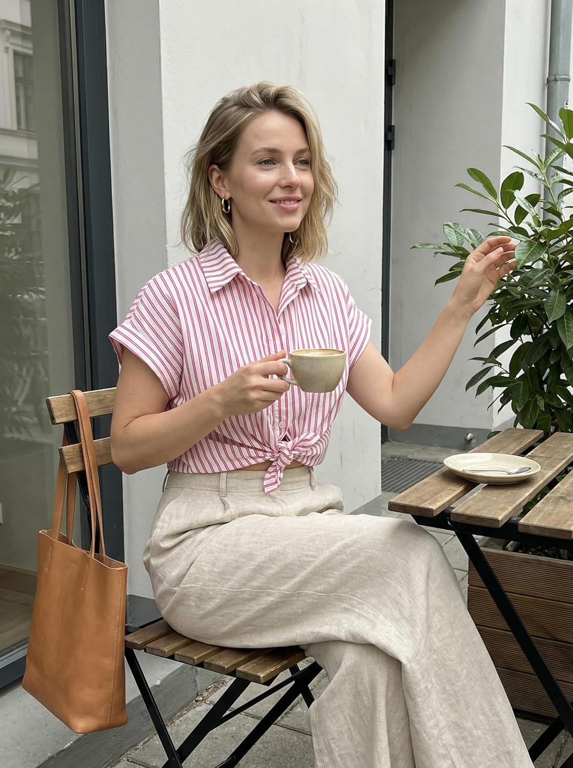 imageCUPSHE Cap Sleeve Summer Tops for Women Casual Button Down Shirts Striped Business Work BlousesRed