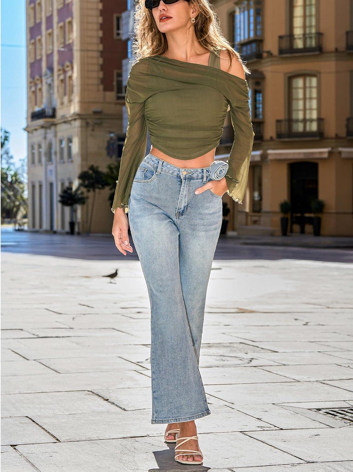 imageCUPSHE Crop Tops for Women OffShoulder Mesh Ruched Long Sleeve Sheer Going Out Blouse Bodycon Y2K Cute Night ClubGreen