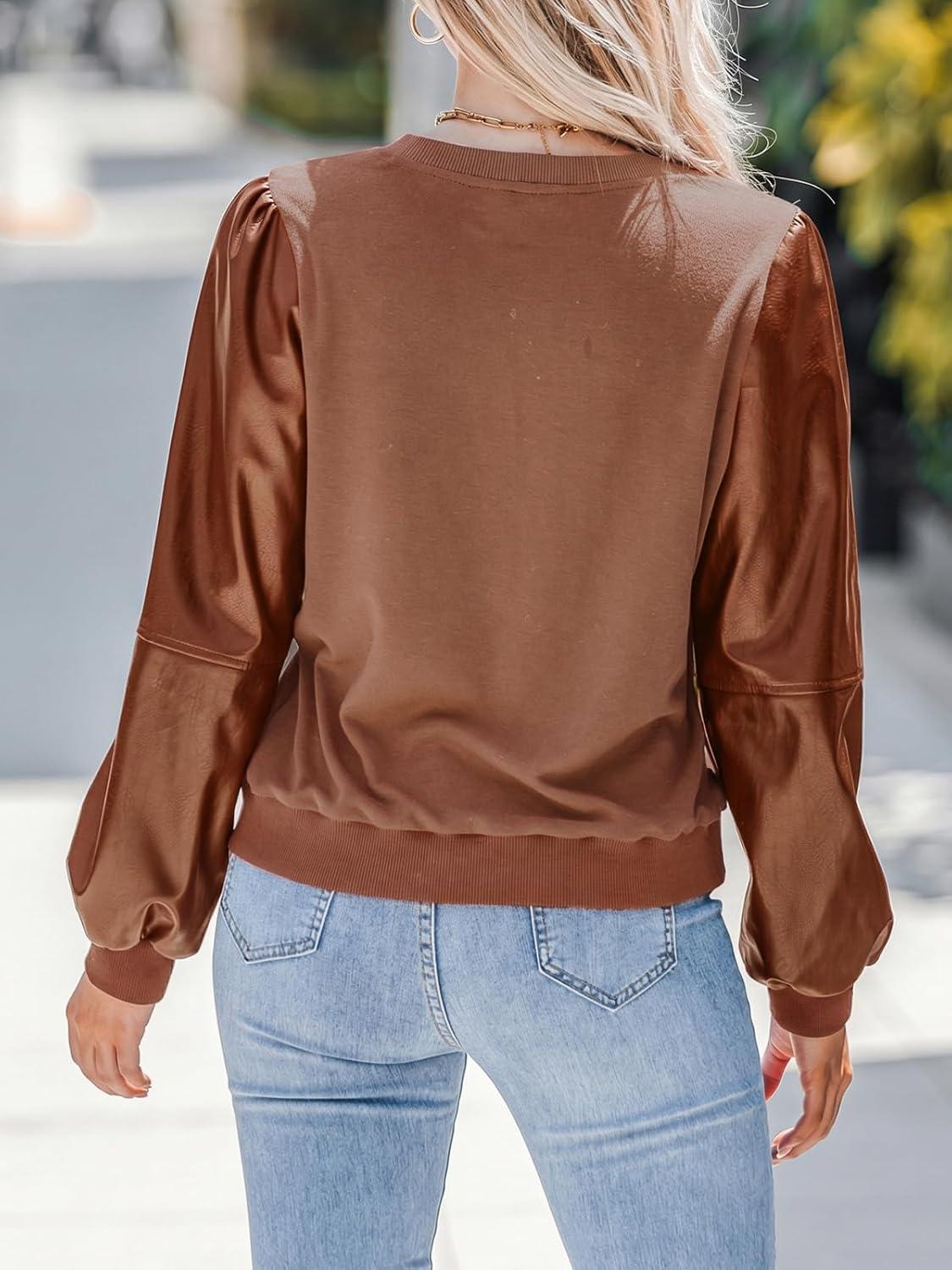 imageCUPSHE Faux Leather Tops for Women Long Sleeve Mock Neck Blouse Fall Fashion 2025Brown