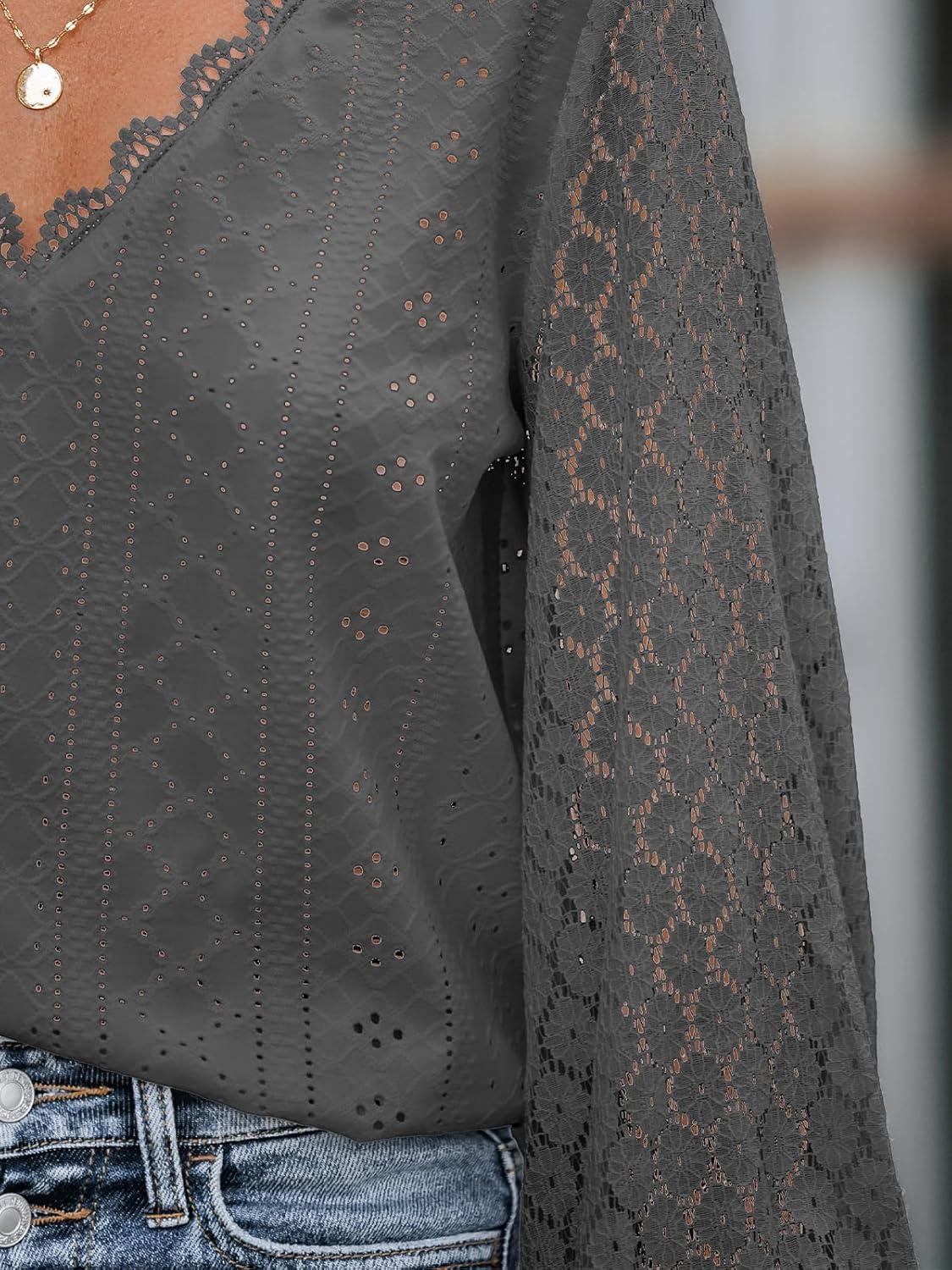 imageCUPSHE Long Sleeve Tops for Women Eyelet Scalloped Lace V Neck Blouse Casual Loose Fashion ShirtsDark Gray