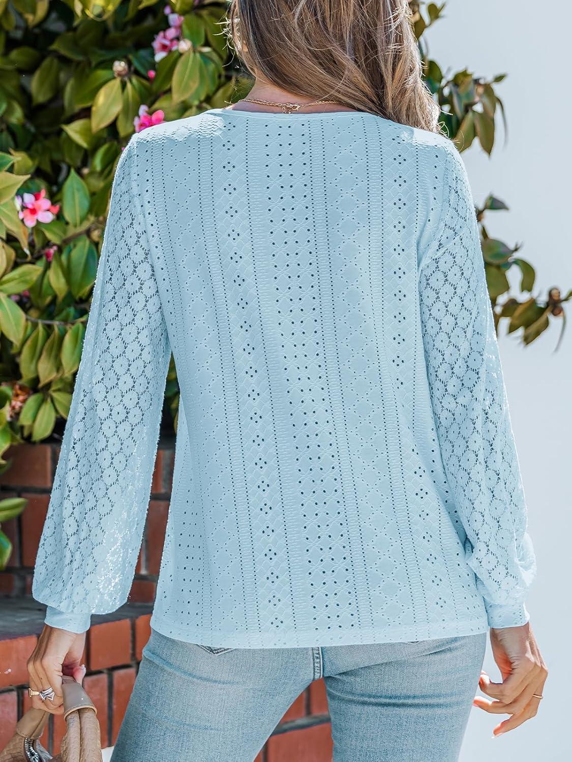 imageCUPSHE Long Sleeve Tops for Women Eyelet Scalloped Lace V Neck Blouse Casual Loose Fashion ShirtsLight Blue