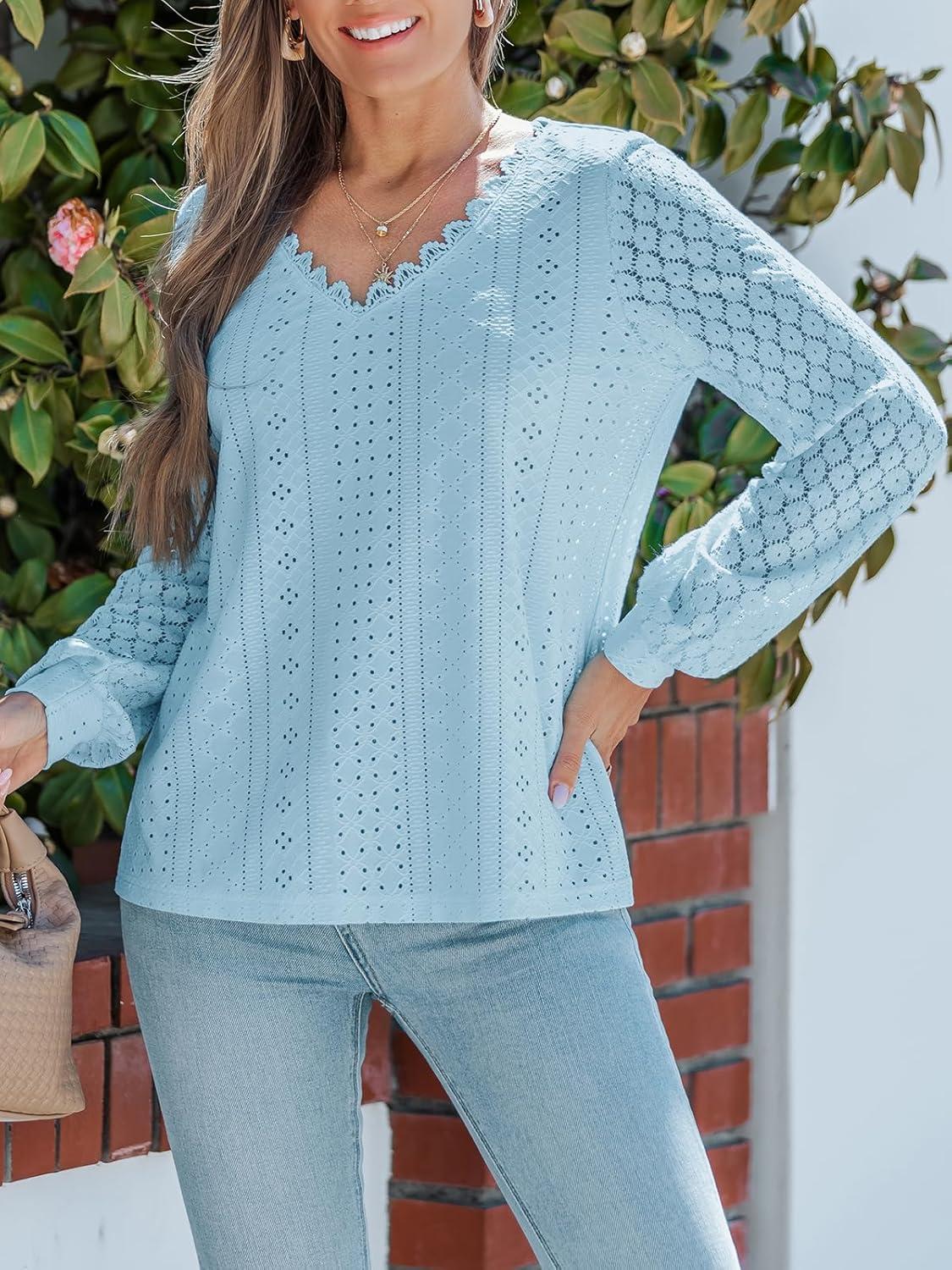 imageCUPSHE Long Sleeve Tops for Women Eyelet Scalloped Lace V Neck Blouse Casual Loose Fashion ShirtsLight Blue