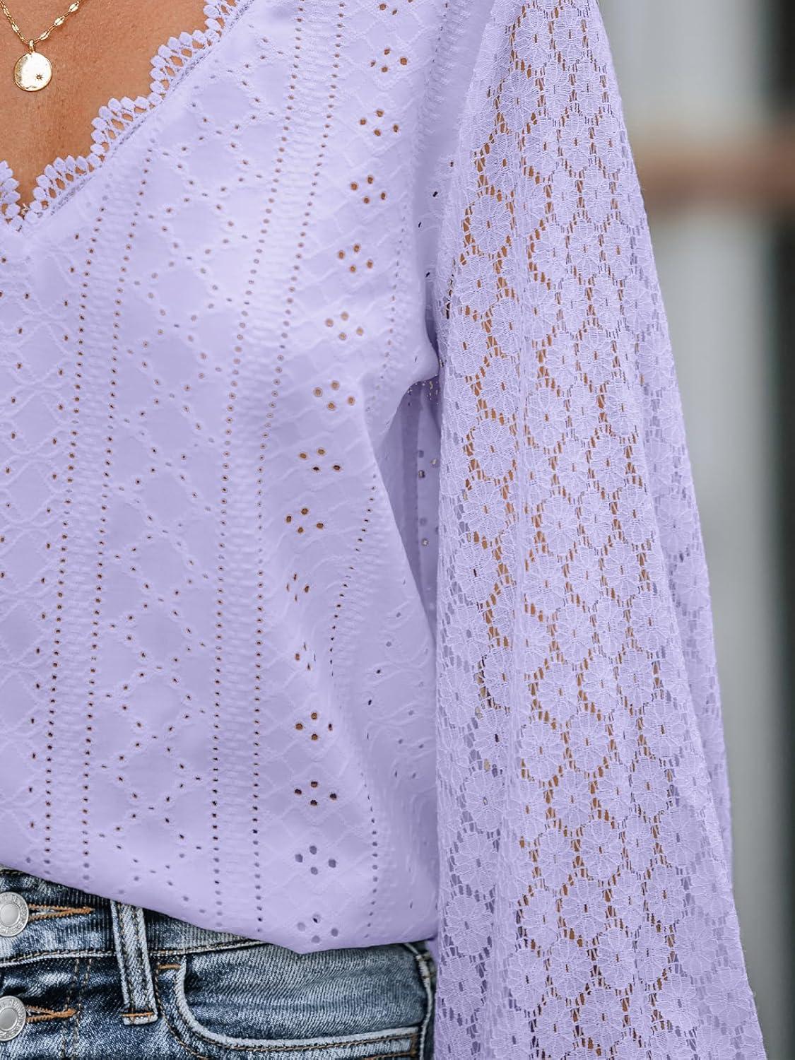 imageCUPSHE Long Sleeve Tops for Women Eyelet Scalloped Lace V Neck Blouse Casual Loose Fashion ShirtsLight Purple