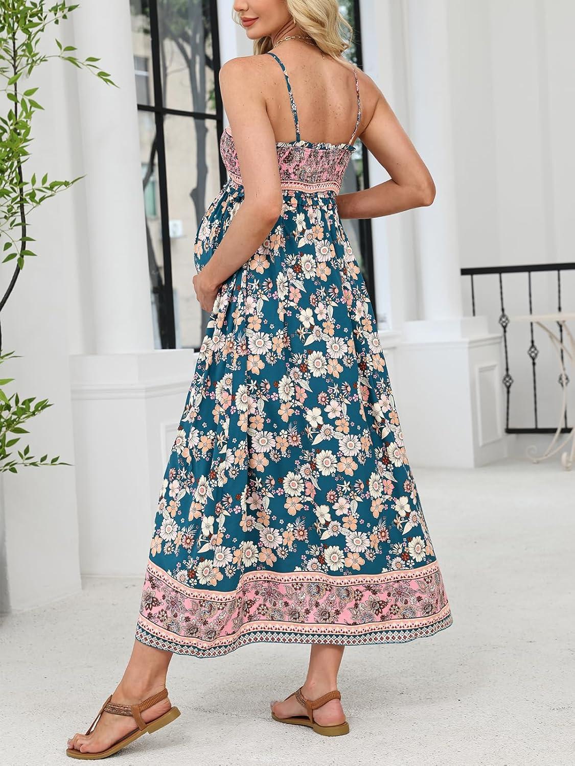 imageCUPSHE Maternity Maxi Dresses Floral Square Neck Smocked Baby Shower Ruffled Flowy Fashion Casual Summer Pregnancy DressTeal Floral