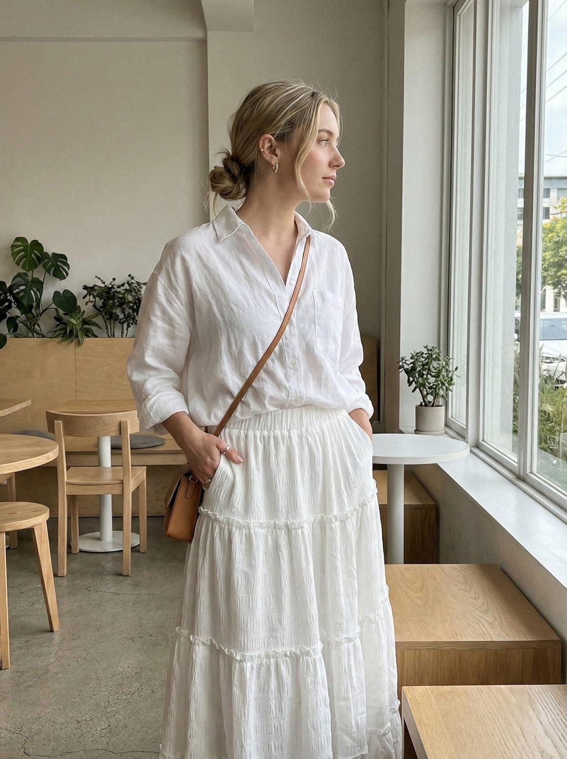 imageCUPSHE Maxi Skirts for Women 2026 Summer Casual Pleated High Waisted Flowy Long Skirt Beach VacationWhite