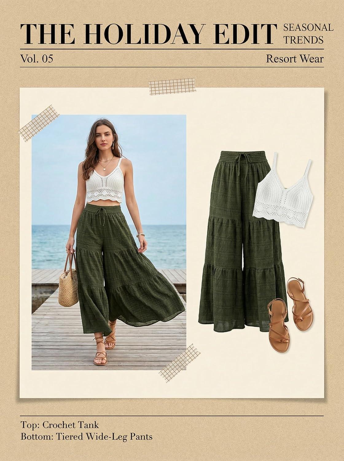 imageCUPSHE Palazzo Pants for Women Smocked Waist Boho Western Flowy Wide Leg Pant2green