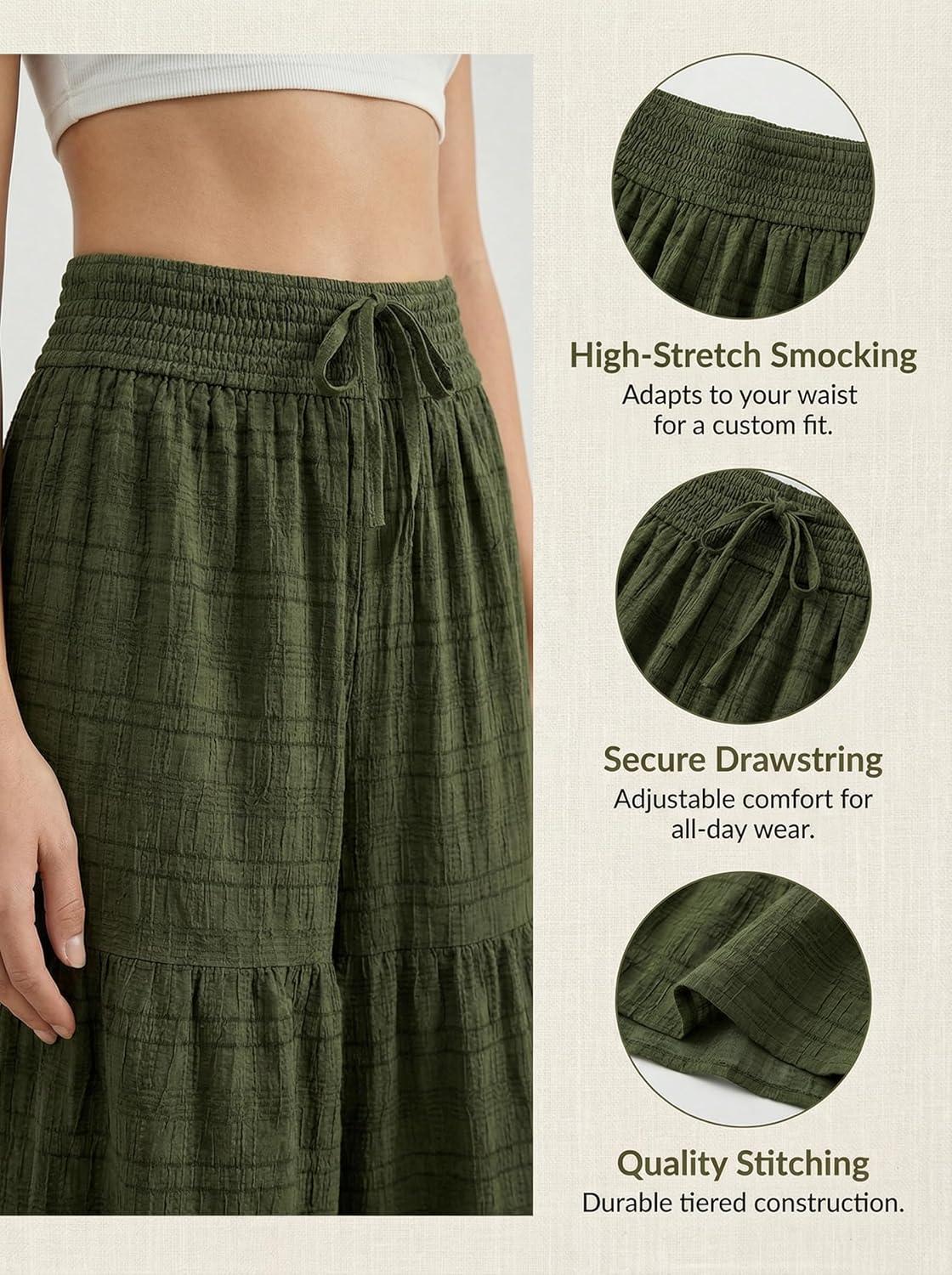 imageCUPSHE Palazzo Pants for Women Smocked Waist Boho Western Flowy Wide Leg Pant2green