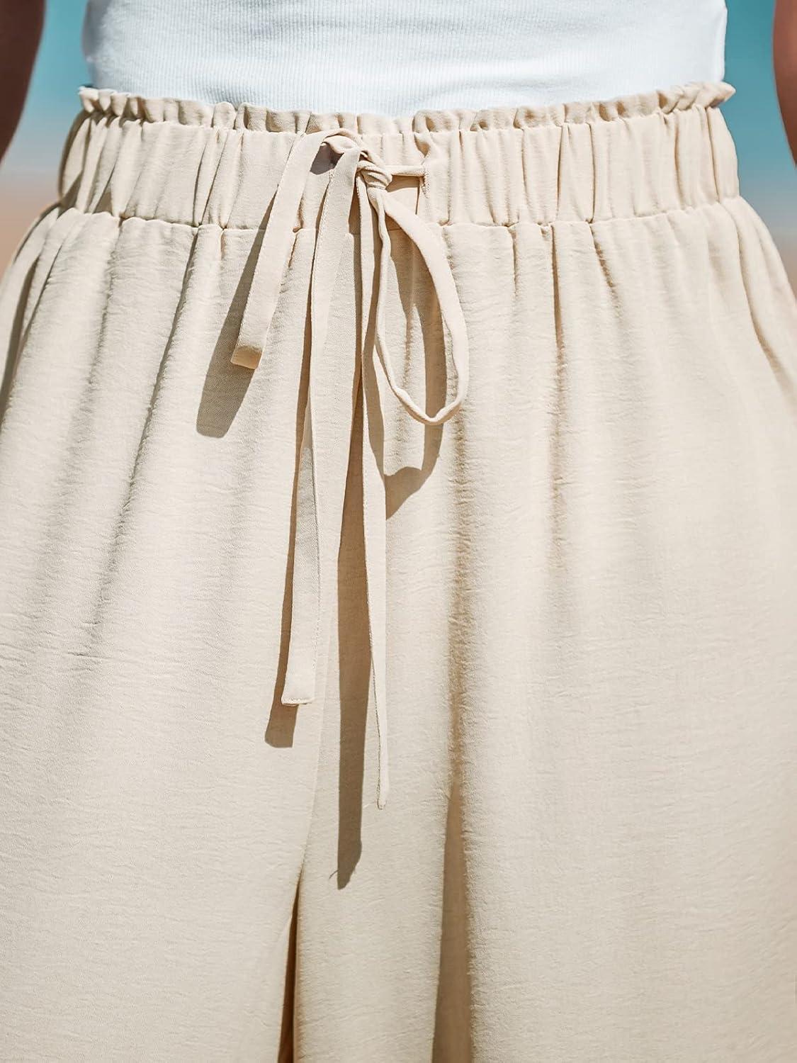 imageCUPSHE Palazzo Pants for Women Smocked Waist Boho Western Flowy Wide Leg PantBeige