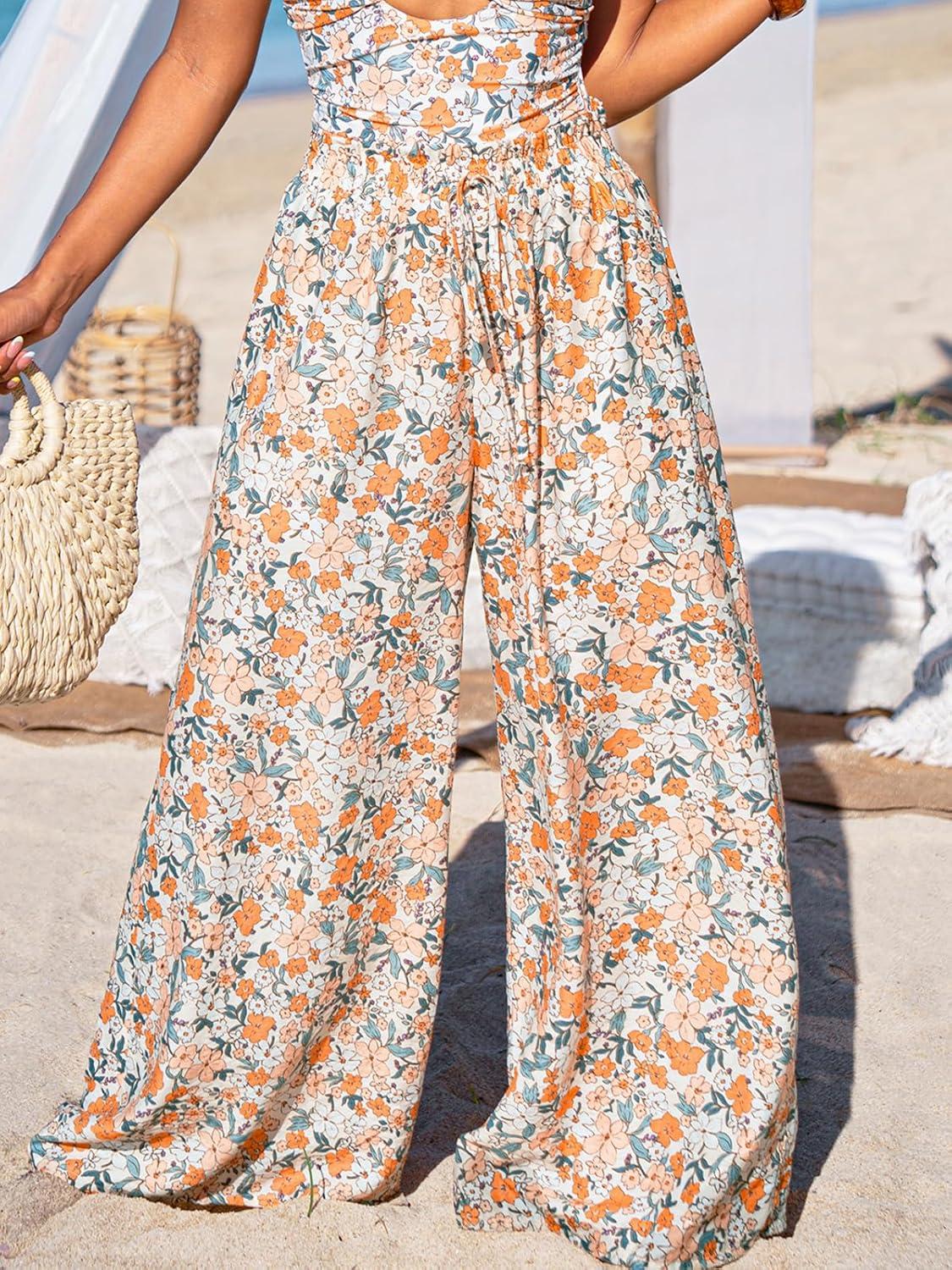 imageCUPSHE Palazzo Pants for Women Smocked Waist Boho Western Flowy Wide Leg PantFloral Orange