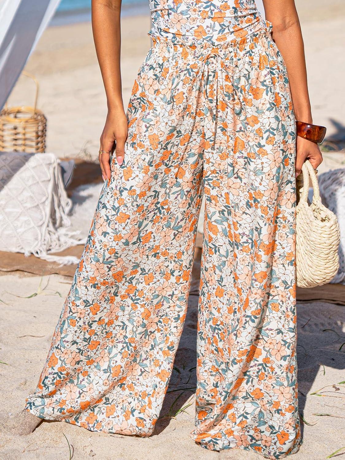 imageCUPSHE Palazzo Pants for Women Smocked Waist Boho Western Flowy Wide Leg PantFloral Orange