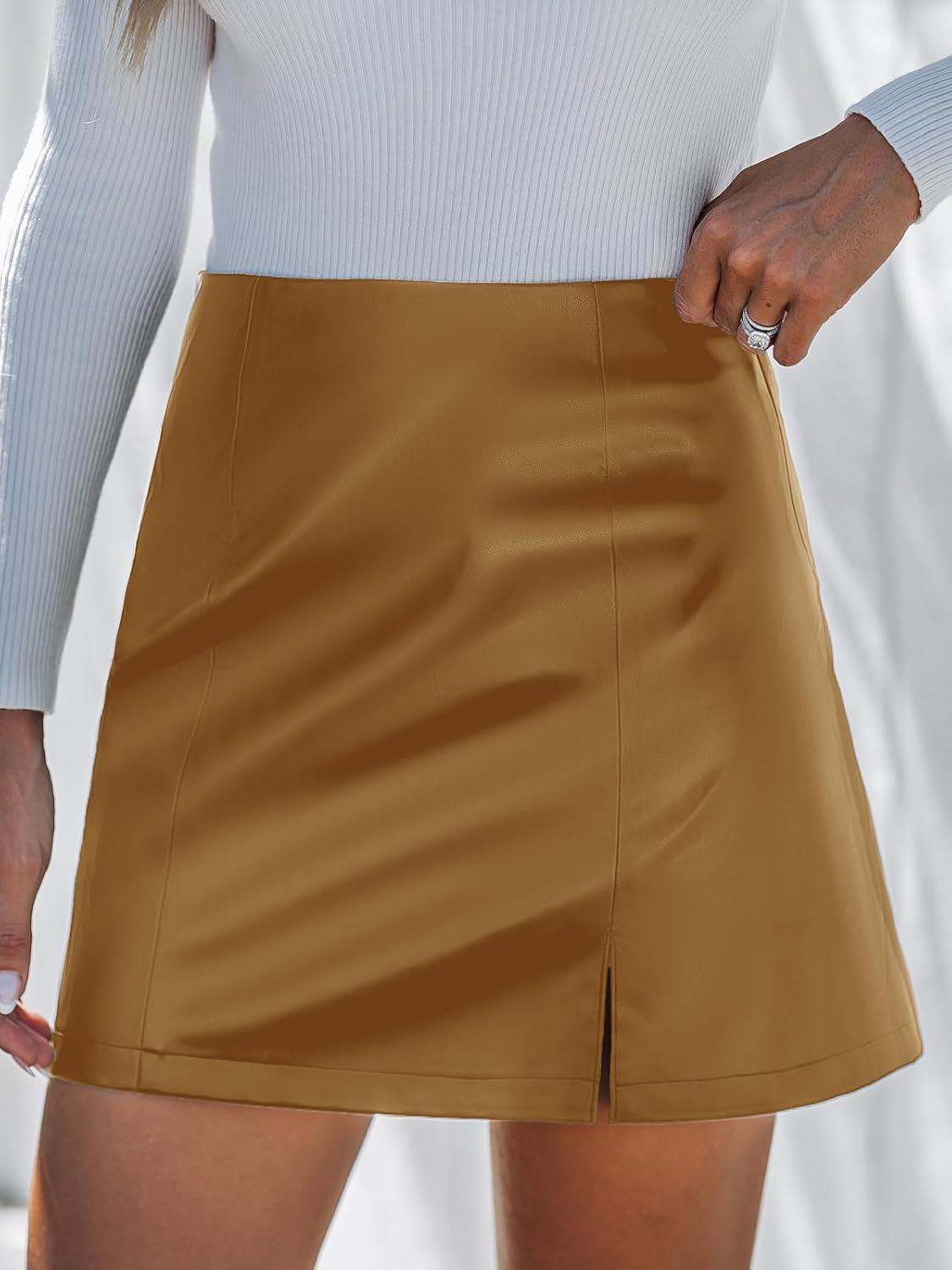 imageCUPSHE Skirts Women Faux Leather Mini Skirt Slit High Waist Bodycon Skort Wrap Notched Hem Casual VacationBrown