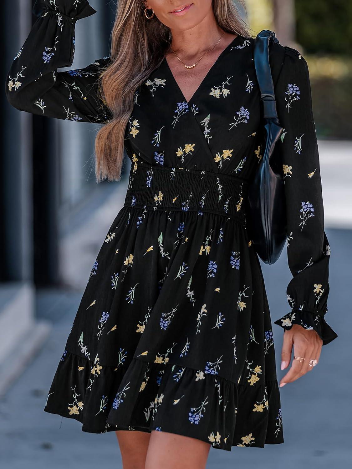 imageCUPSHE Women Fall Dresses Floral V Neck Long Sleeve Ruffle Hem Smocked High Waist Casual Mini DressBlack