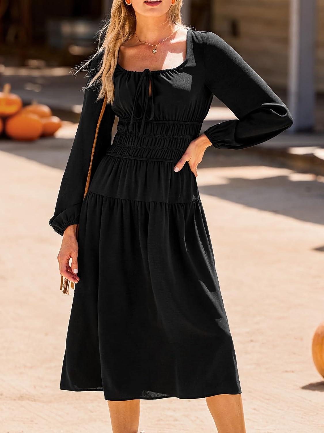 imageCUPSHE Women Fall Dresses Long Sleeve Square Neck Tie Front Elastic High Waist A Line Wedding Guest Maxi DressBlack