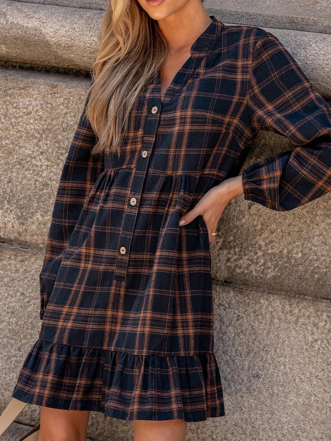 imageCUPSHE Women Fall Dresses Plaid Ruffle Hem V Neck Long Sleeve Button Holiday Tunic Mini DressNavy