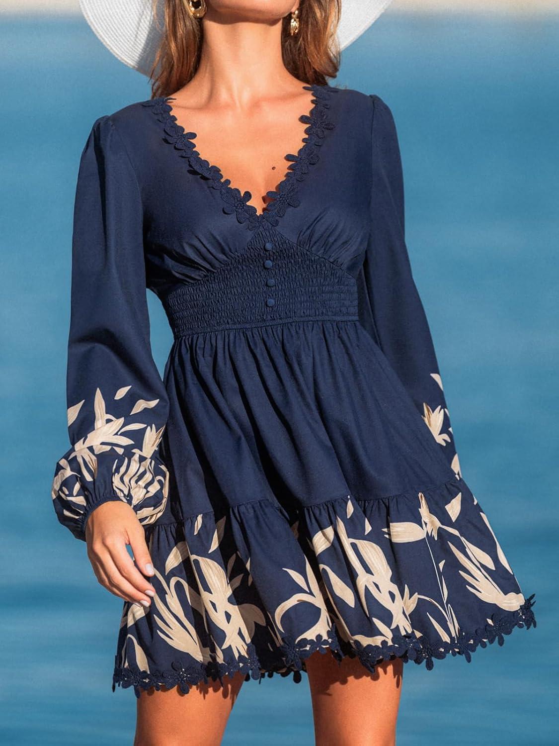 imageCUPSHE Women Fall Dresses Plunging V Neck Lace Trim Puff Long Sleeve Elastic Smocked Mini DressNavy