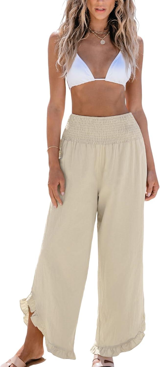 imageCUPSHE Women Pants Smocked Waist Straight Leg Ruffle Cuffs Loose Fit Pant Casual BeachBeige
