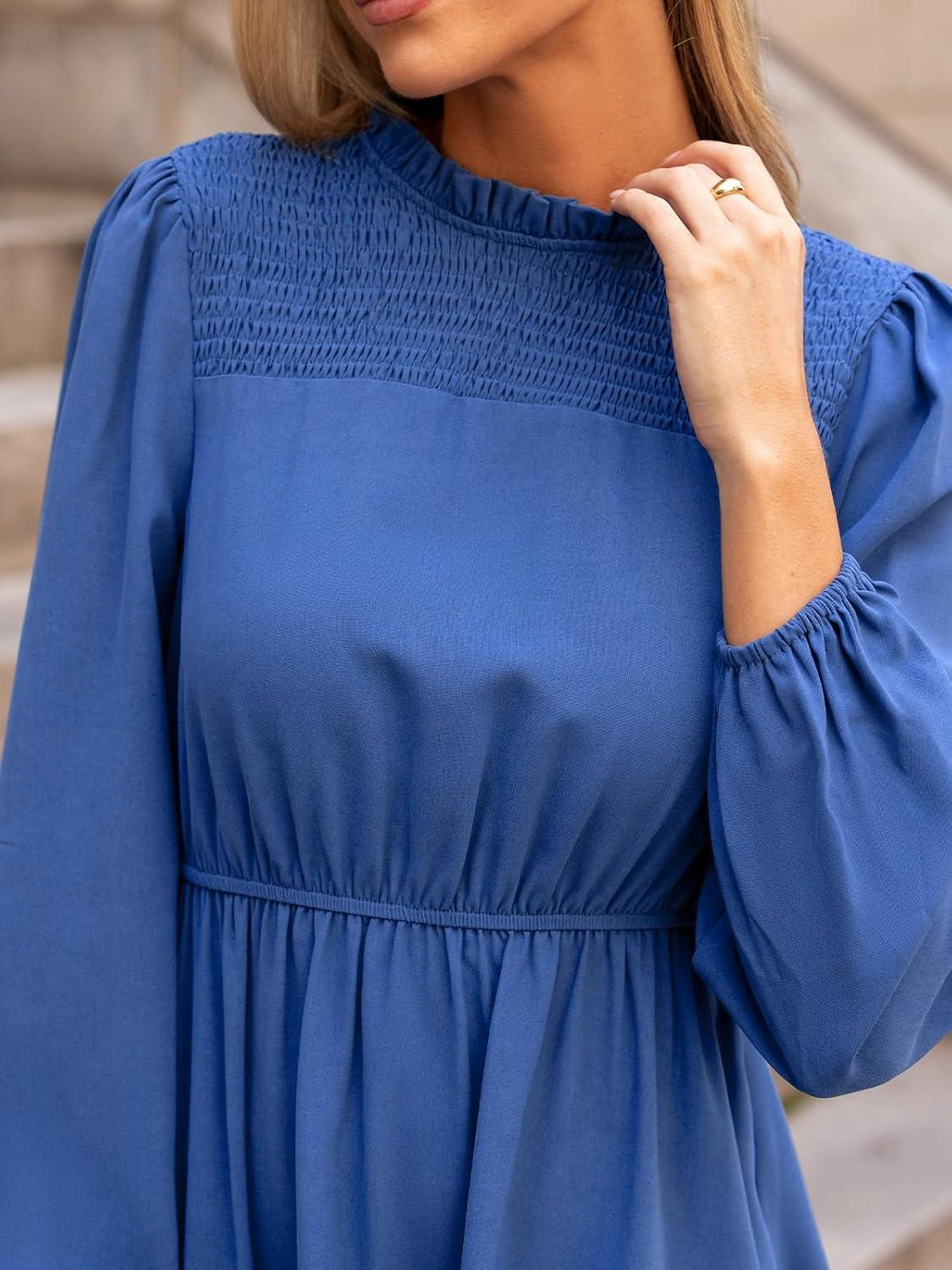 imageCUPSHE Women Ruffle Fall Dresses Long Bubble Sleeve Crewneck Smocked Waist Holiday Party Winter Mini DressBlue