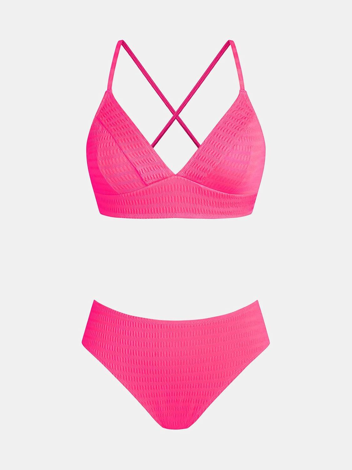 imageCUPSHE Womens Bikini Sets Two Piece Swimsuit High Waisted V Neck Textured Crisscross Back Tie Bathing SuitsHot Pink