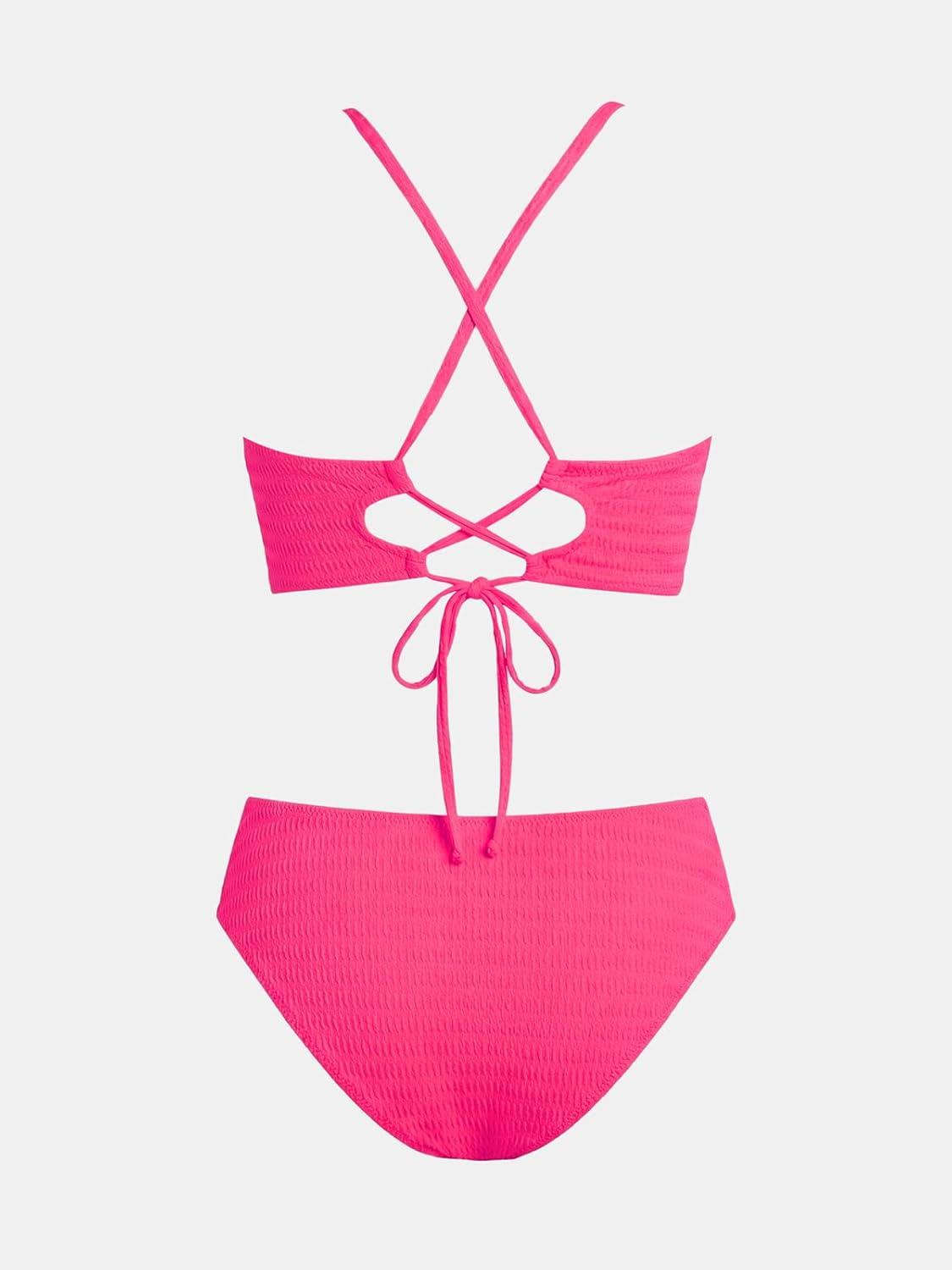 imageCUPSHE Womens Bikini Sets Two Piece Swimsuit High Waisted V Neck Textured Crisscross Back Tie Bathing SuitsHot Pink