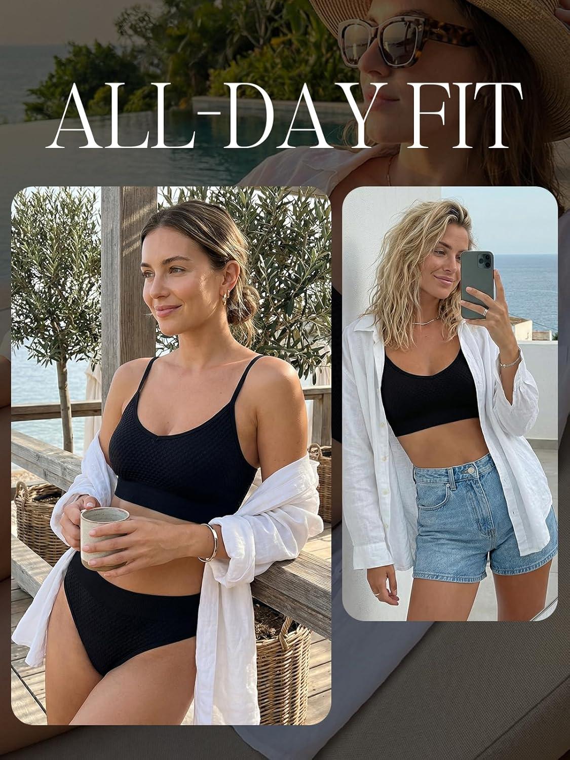 imageCUPSHE Womens Bikini Sets Two Piece Swimsuit Sporty Mid Rise Scoop Neck Adjustable Spaghetti Straps Textured MidkiniBlack
