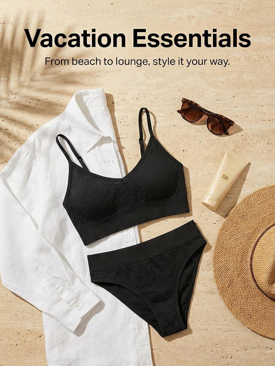 imageCUPSHE Womens Bikini Sets Two Piece Swimsuit Sporty Mid Rise Scoop Neck Adjustable Spaghetti Straps Textured MidkiniBlack