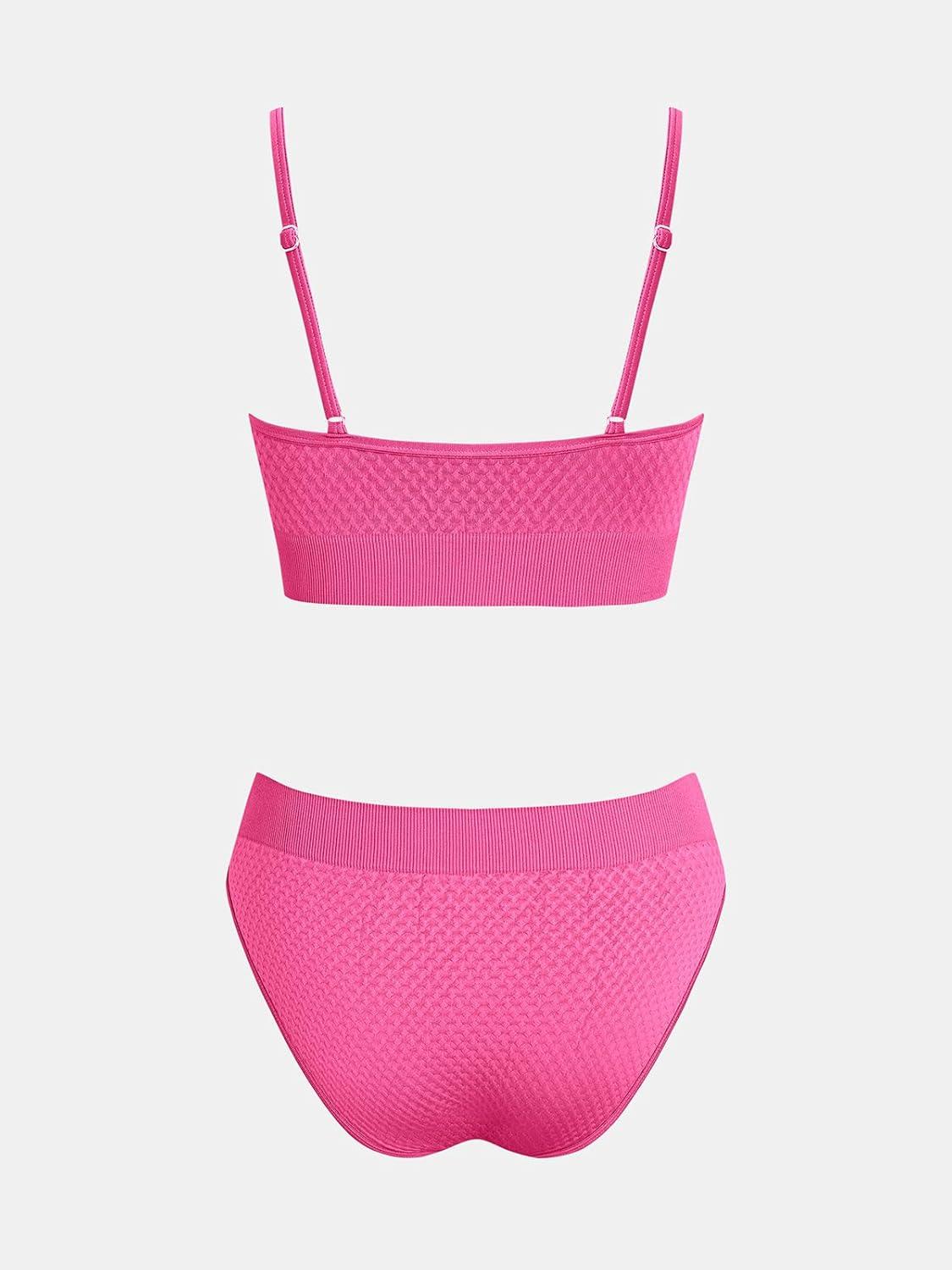 imageCUPSHE Womens Bikini Sets Two Piece Swimsuit Sporty Mid Rise Scoop Neck Adjustable Spaghetti Straps Textured MidkiniHot Pink