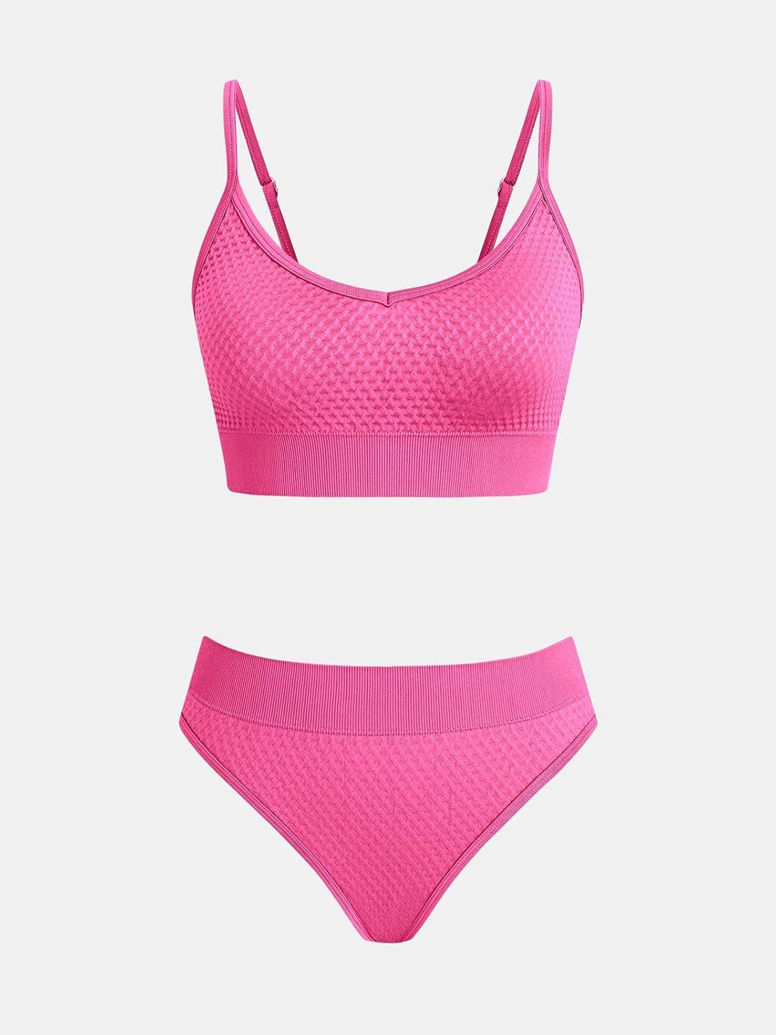 imageCUPSHE Womens Bikini Sets Two Piece Swimsuit Sporty Mid Rise Scoop Neck Adjustable Spaghetti Straps Textured MidkiniHot Pink