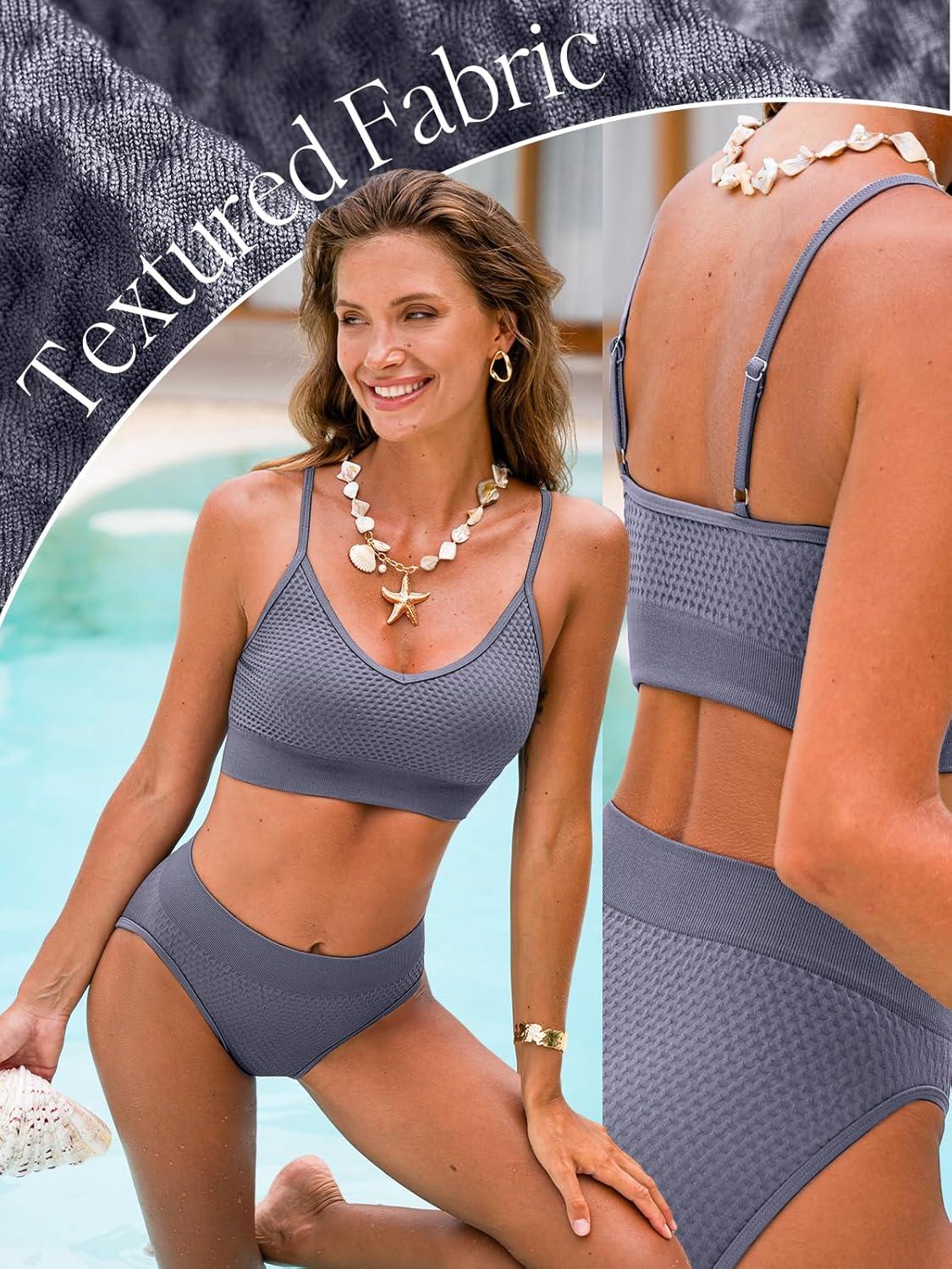 imageCUPSHE Womens Bikini Sets Two Piece Swimsuit Sporty Mid Rise Scoop Neck Adjustable Spaghetti Straps Textured MidkiniSlate Gray