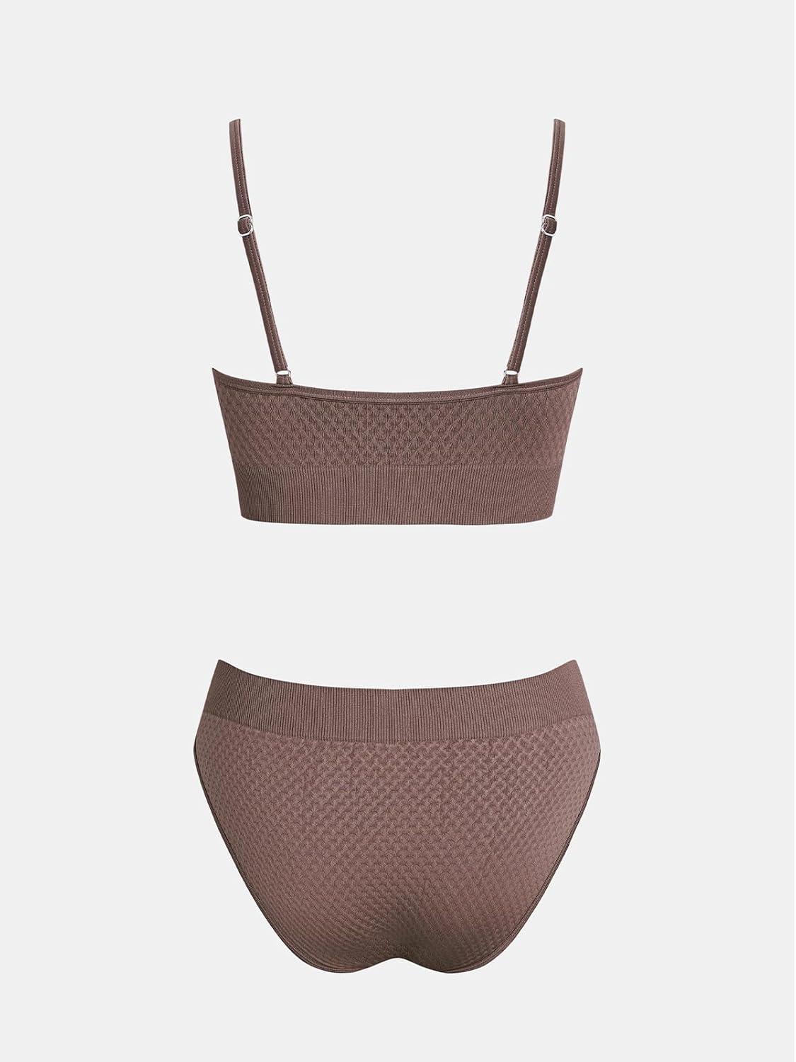 imageCUPSHE Womens Bikini Sets Two Piece Swimsuit Sporty Mid Rise Scoop Neck Adjustable Spaghetti Straps Textured MidkiniTaupe Brown
