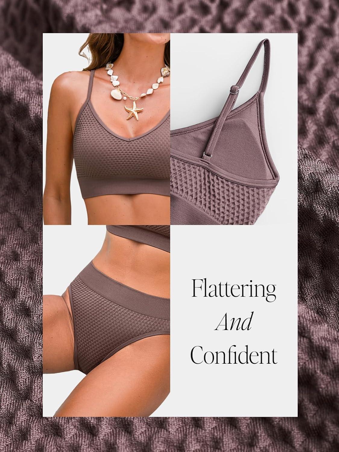 imageCUPSHE Womens Bikini Sets Two Piece Swimsuit Sporty Mid Rise Scoop Neck Adjustable Spaghetti Straps Textured MidkiniTaupe Brown